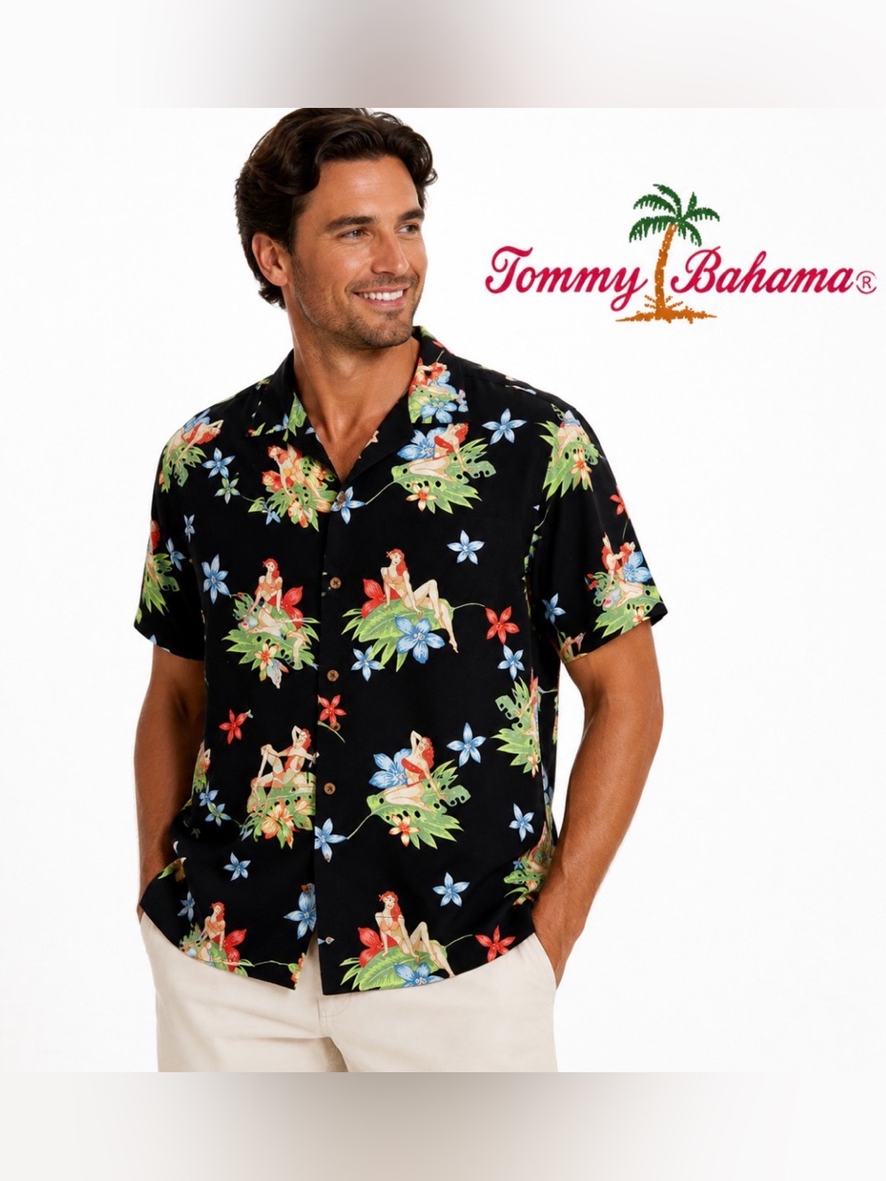 Tommy Bahama Shirt Pin Up Girl Tropical Hawaiian Camp Black Men's M 100% Silk